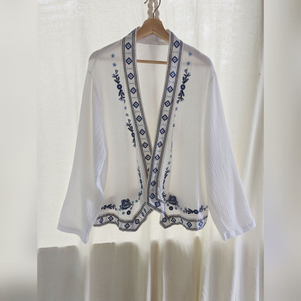 White Kimono Cardigan with Blue Embroidery, Boho, Beach, Breezy